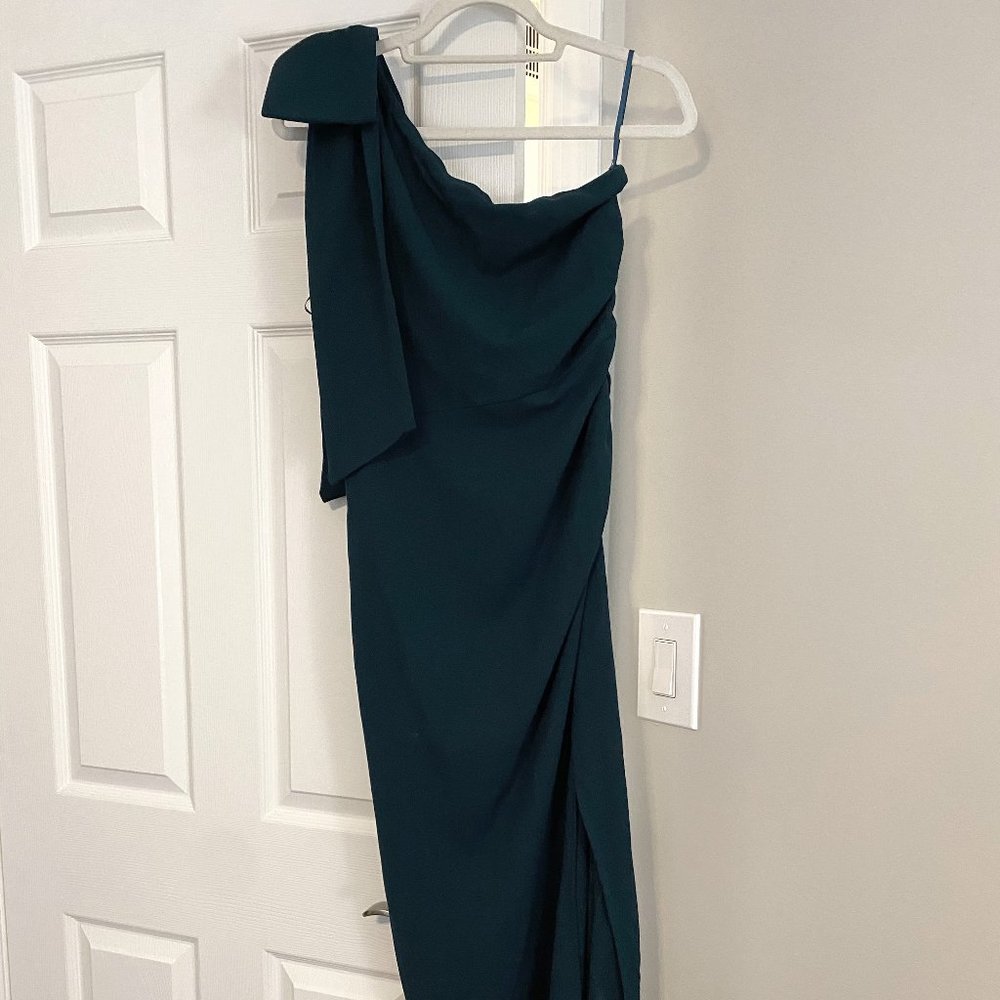 One-Shoulder Hunter Green Floor Length Dress with Bow